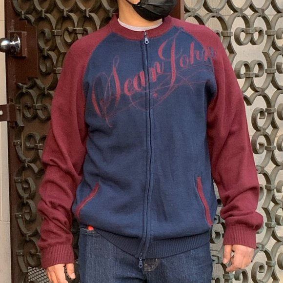Men's Sean John Navy / Burgundy Full Zip Sweater